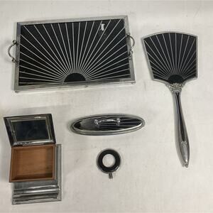 Vintage 1920’s Art Deco 4 Piece Vanity Set - Mirror, Tray, Nail Buffer, Jewelry